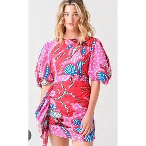 RHODE Pia Mini Dress w/ Puff Sleeves & Ruffle Trim in Pink Print Size Medium
